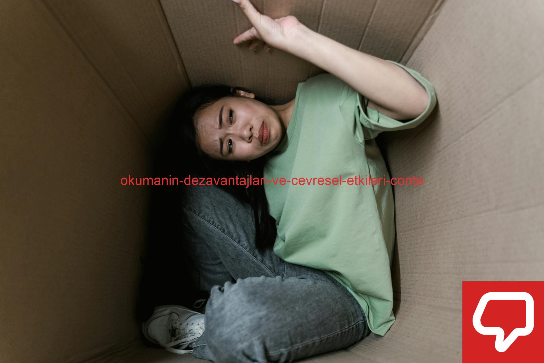 Woman enclosed in a cardboard box, showing signs of stress and fear.