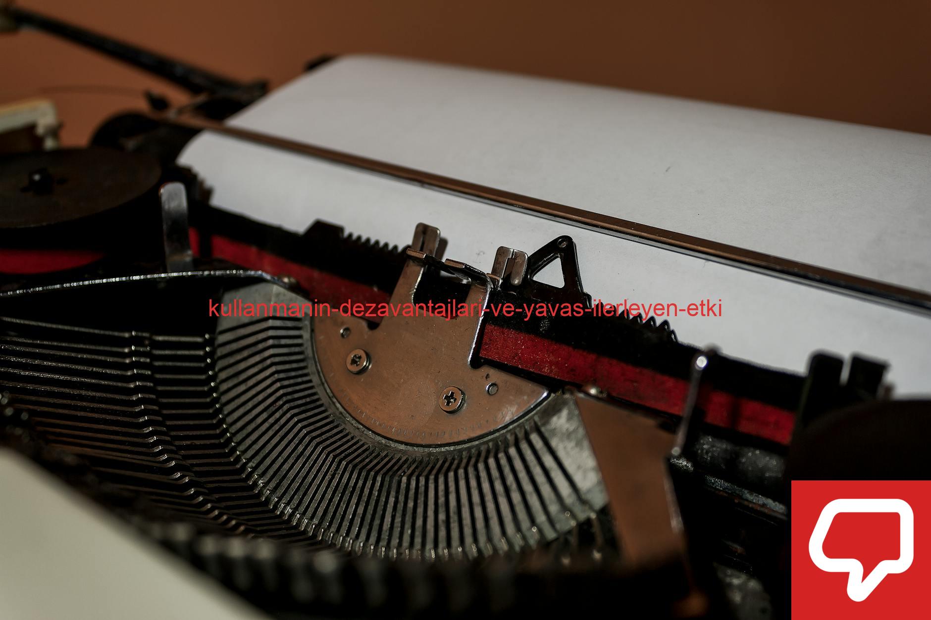 Focused image of typewriter showing detailed hammers and ribbon with paper. Perfect for vintage themes.