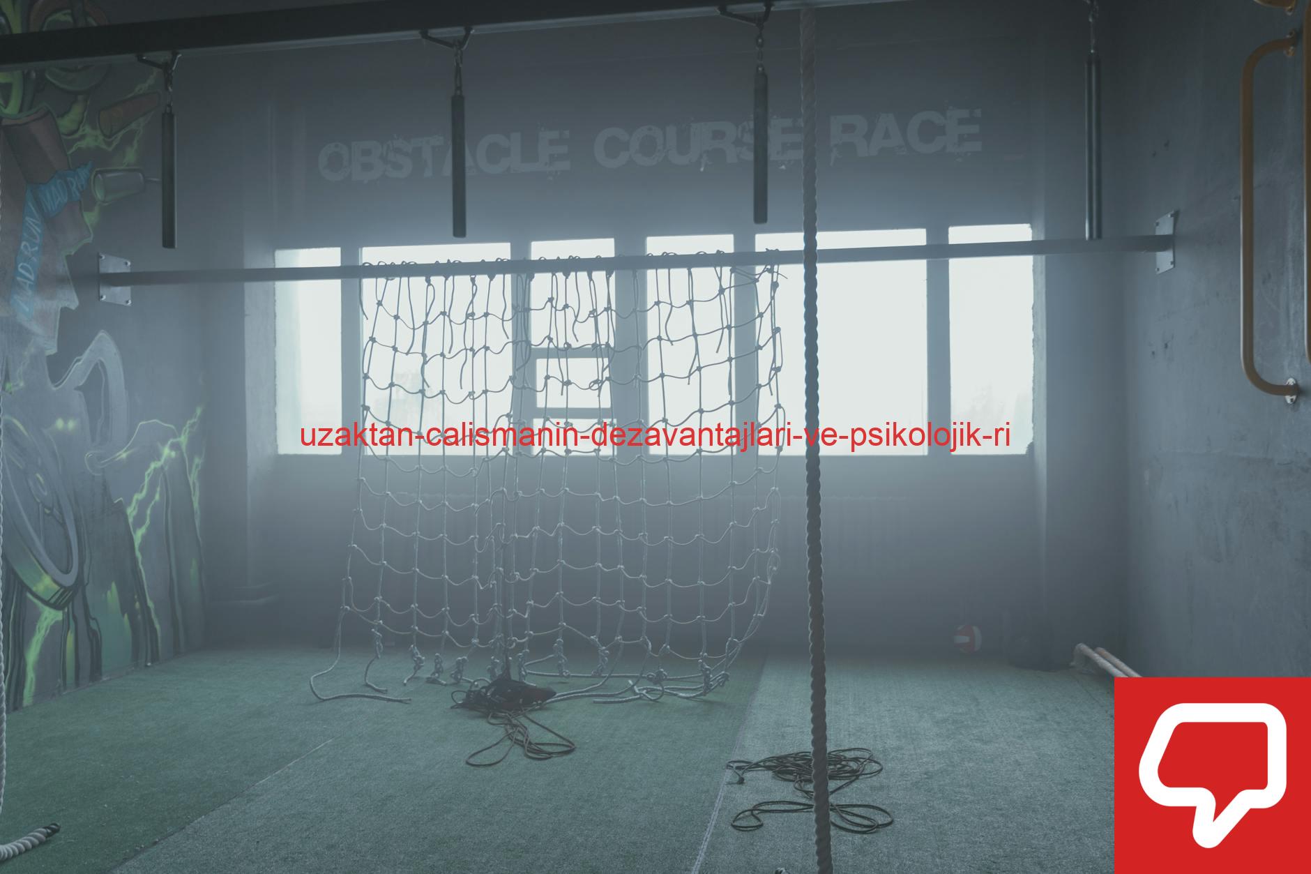Indoor gym featuring a cargo net and ropes for obstacle course training.